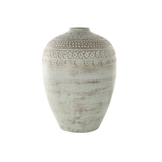 15.25" Green Ceramic Handmade Antique Style Decorative Vase with Geometric Tribal Carvings
